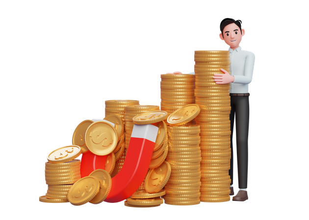 Businessman in blue dress standing hugging pile of gold coins caught by magnet 3D Illustration