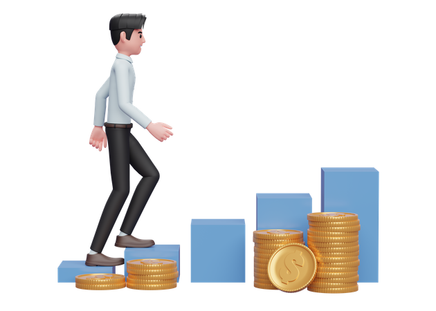 Businessman in blue dress walking up the stock chart with ornaments several piles of gold coins 3D Illustration