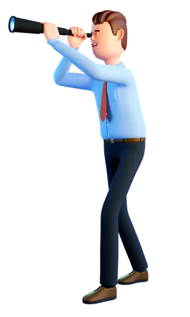 3 D Man With Spyglass Businessman In Blue Shirt And Tie Looks To The Future 3D Illustration