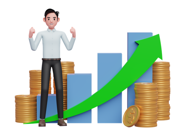 Businessman in blue shirt celebrating with clenched fists in front of positive growing bar chart with coin ornament  3D Illustration