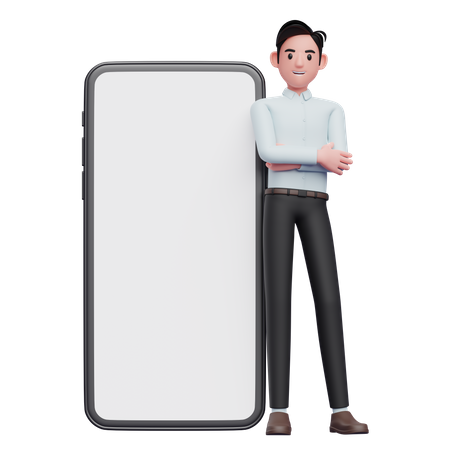 Businessman in blue shirt leaning on phone  3D Icon