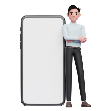 Businessman in blue shirt leaning on phone  3D Illustration
