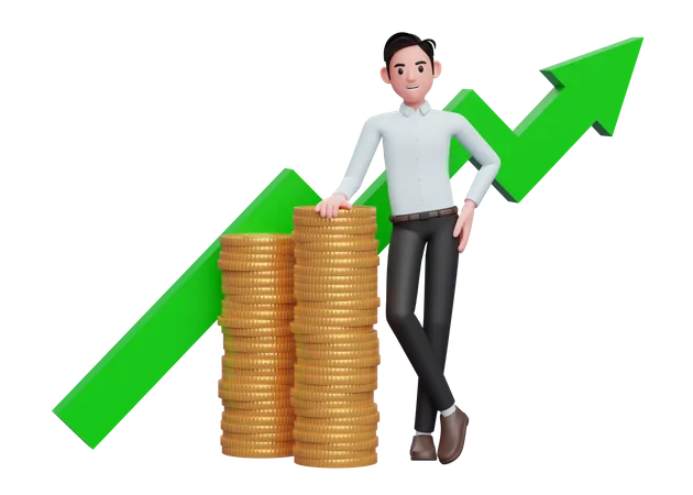 Businessman in blue shirt leaning on pile of gold coins with growing statistics ornament on the back  3D Illustration