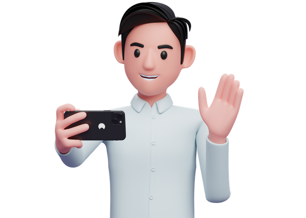 Businessman in blue shirt making a video call with a cell phone  3D Icon