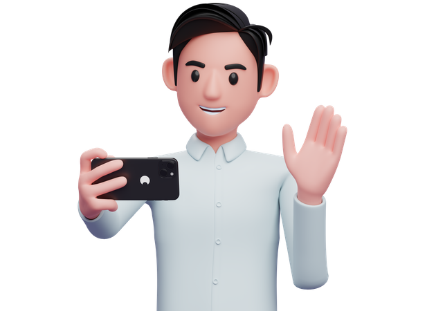 Businessman in blue shirt making a video call with a cell phone 3D Illustration
