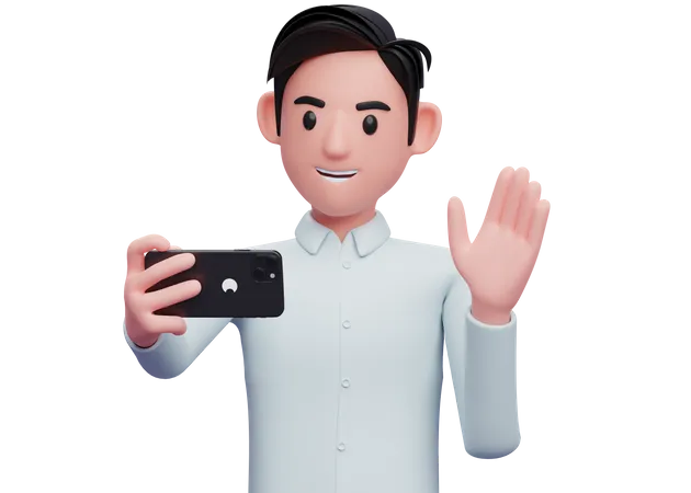 Businessman in blue shirt making a video call with a cell phone 3D Illustration