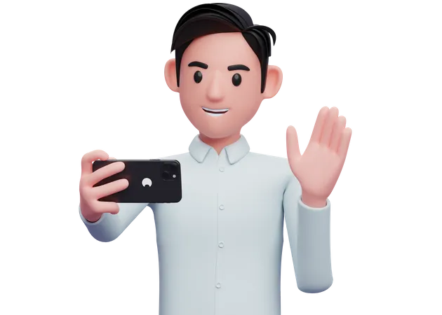 Businessman in blue shirt making a video call with a cell phone  3D Illustration