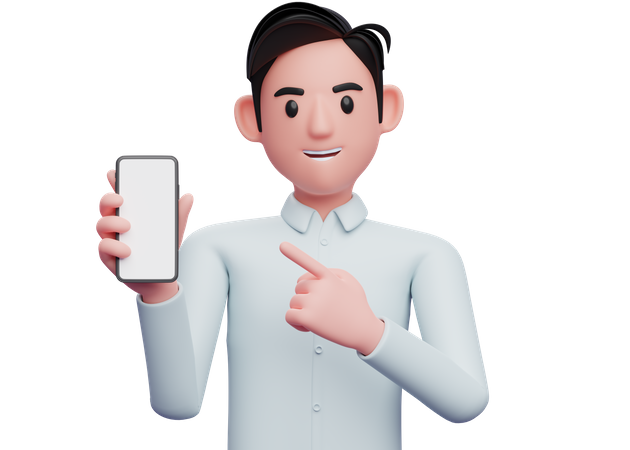 Businessman in blue shirt pointing cell phone in hand  3D Illustration