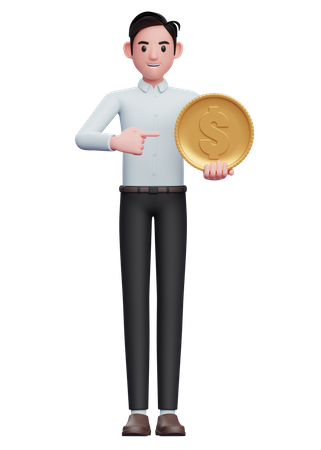 Businessman in blue shirt pointing to the coin  3D Illustration