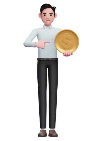 Businessman in blue shirt pointing to the coin  3D Illustration