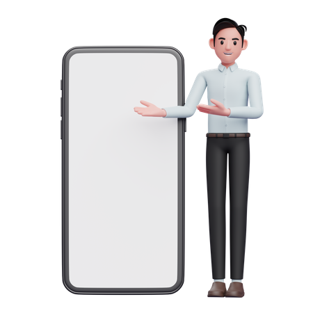 Businessman in blue shirt presenting phone  3D Illustration