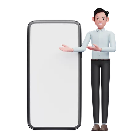 Businessman in blue shirt presenting phone  3D Illustration