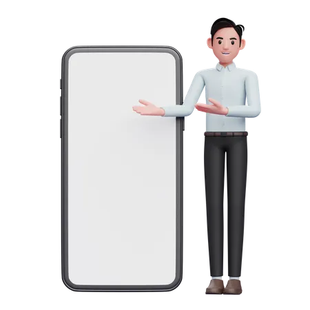 Standing Businessman Presenting Big Phone With White Screen 3 D Illustration Of Businessman Holding Phone 3D Illustration