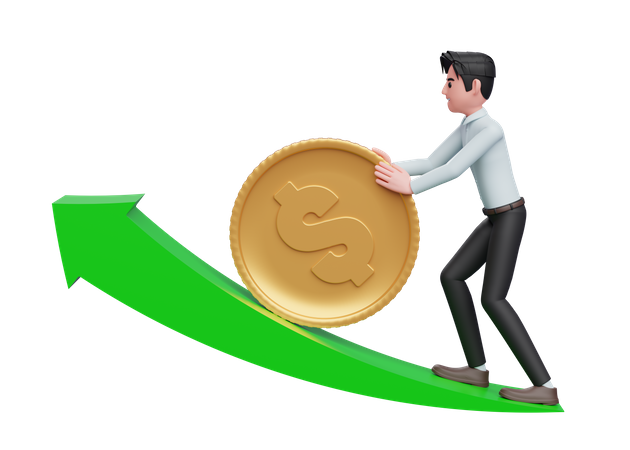 Businessman in blue shirt pushing dollar gold coin up growing green arrow 3D Illustration