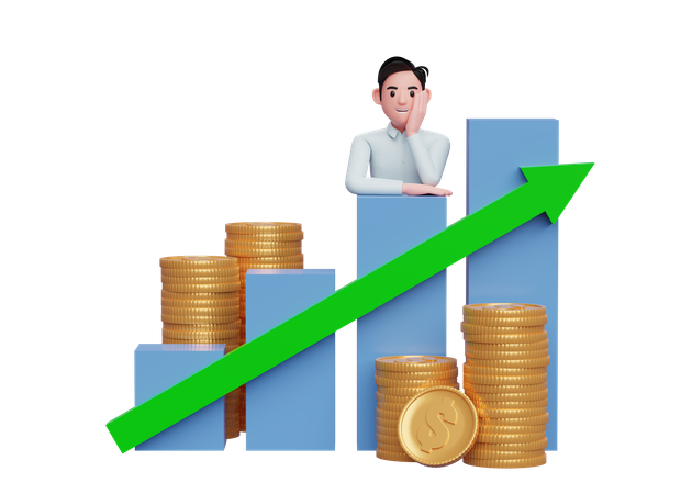 Businessman in blue shirt putting her chin in hand while leaning on bar chart Stock growth with up graph statistics arrow 3D Illustration