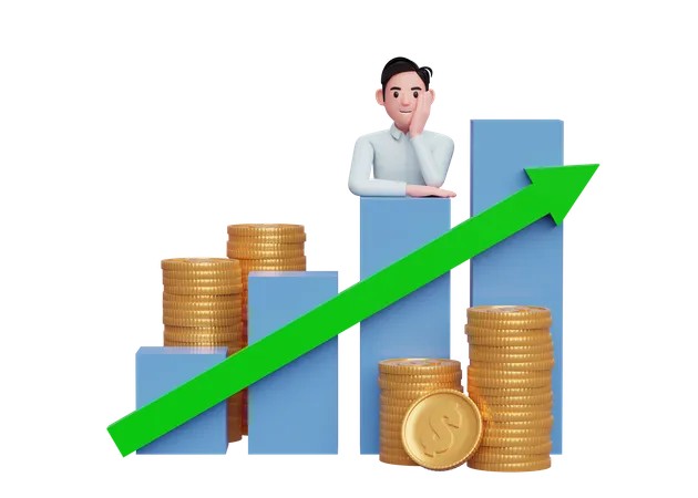 Businessman in blue shirt putting her chin in hand while leaning on bar chart Stock growth with up graph statistics arrow  3D Illustration