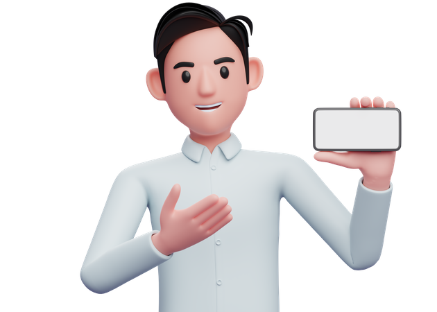 Businessman in blue shirt showing blank mobile screen  3D Icon