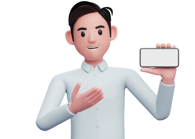 Businessman in blue shirt showing blank mobile screen  3D Illustration