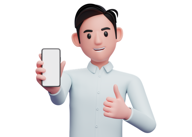 Businessman in blue shirt showing phone screen with thumbs up  3D Icon