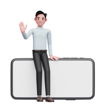 Businessman in blue shirt sitting on phone and waving hand  3D Icon
