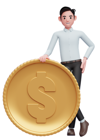 Businessman in blue shirt standing with legs crossed and Holding Coin  3D Illustration