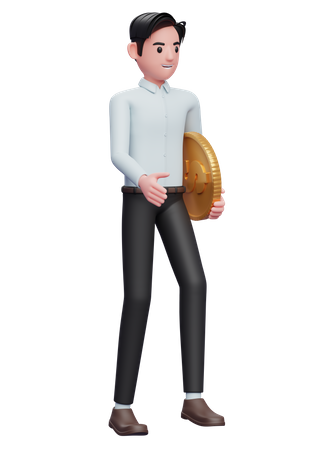 Businessman in blue shirt walking while carrying coins  3D Illustration