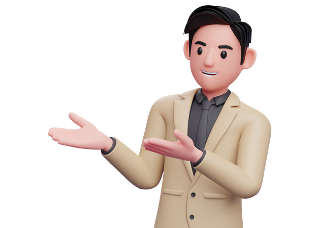 Businessman in brown suit black tie open both hands pose  3D Icon