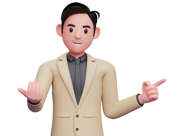 Businessman in brown suit doing come here gesture and pointing to the side  3D Icon