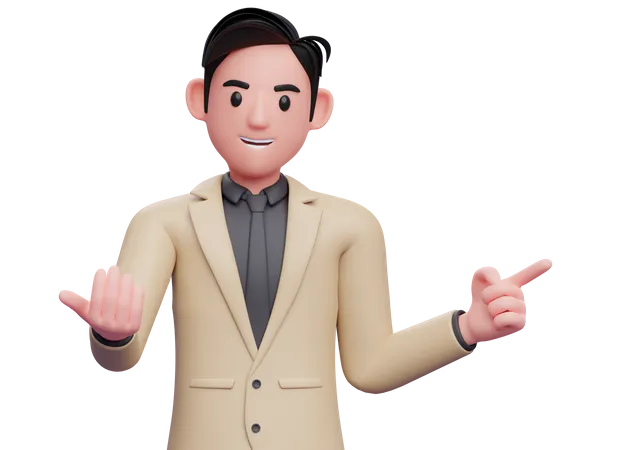 Businessman in brown suit doing come here gesture and pointing to the side  3D Illustration