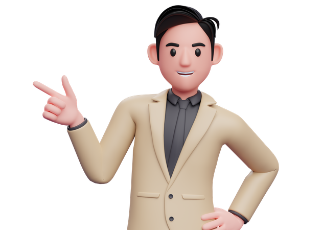 Businessman in brown suit pointing gun finger to the left  3D Icon