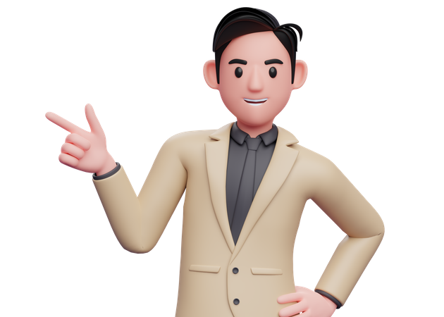 Businessman in brown suit pointing gun finger to the left  3D Illustration