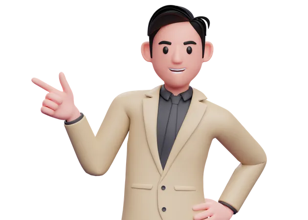 Businessman in brown suit pointing gun finger to the left 3D Illustration