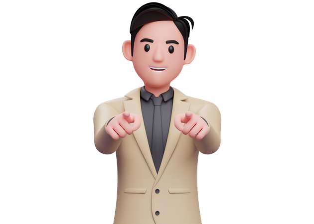 Businessman in brown suit pointing to the camera with both hand  3D Icon