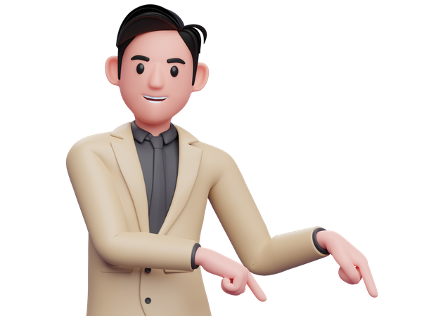 Businessman in brown suit pointing to the lower right corner  3D Icon