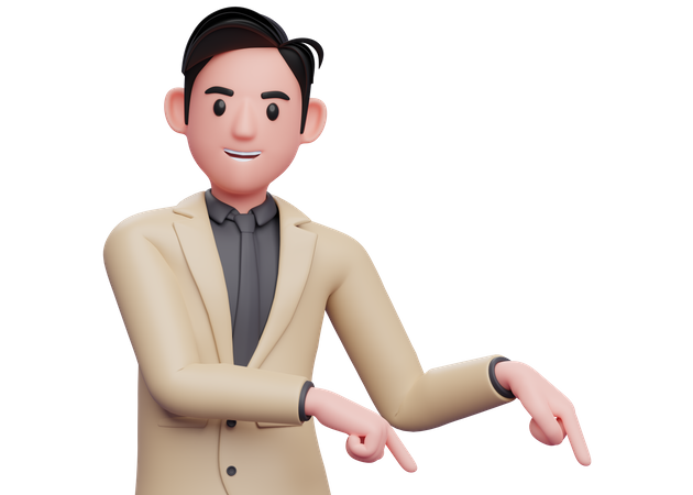 Businessman in brown suit pointing to the lower right corner 3D Illustration