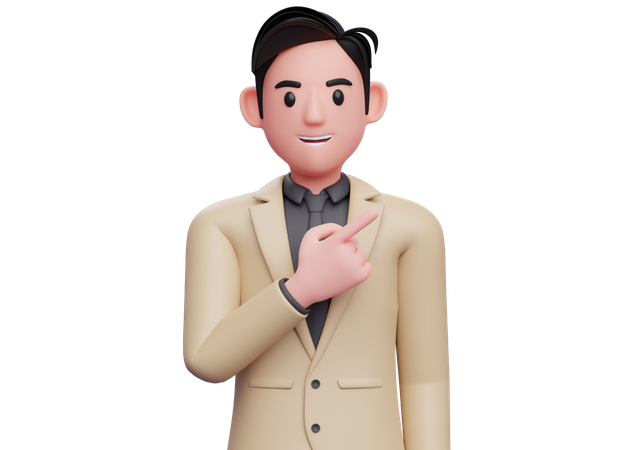 Businessman in brown suit pointing to the top right  3D Icon