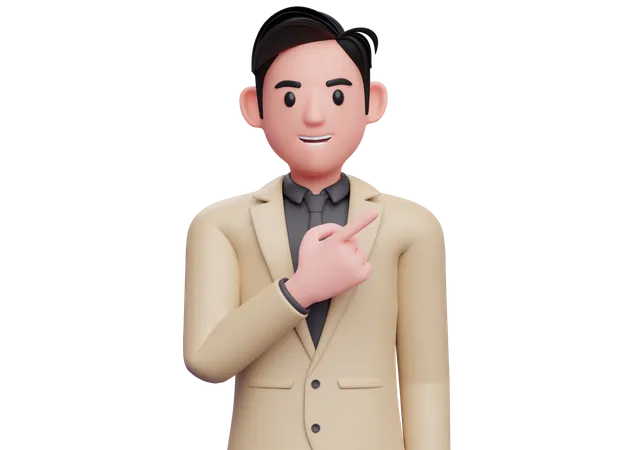 Businessman in brown suit pointing to the top right 3D Illustration