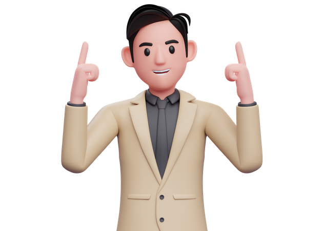 Businessman in brown suit pointing two fingers up  3D Icon