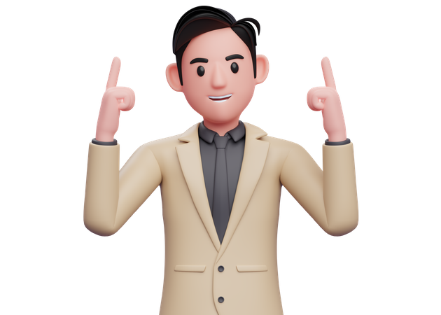 Businessman in brown suit pointing two fingers up  3D Illustration