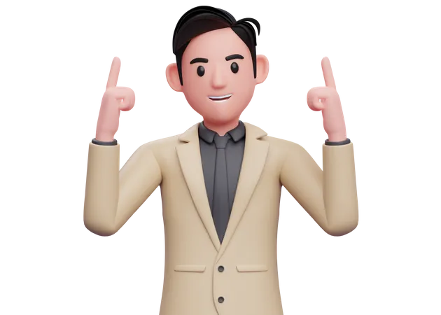 Businessman in brown suit pointing two fingers up  3D Illustration