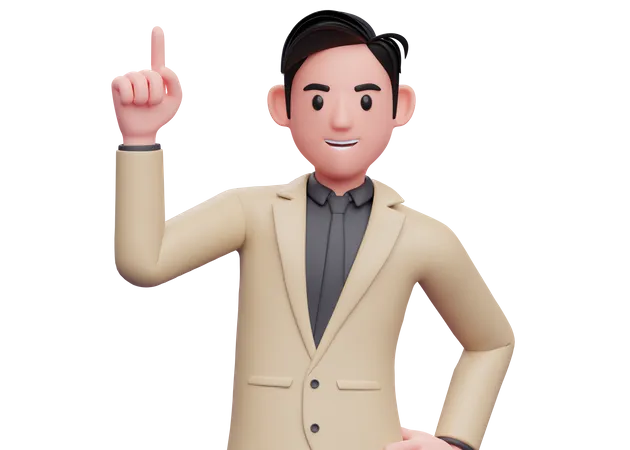 Businessman in brown suit pointing up with index finger  3D Illustration