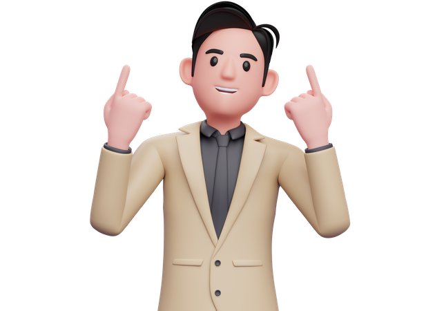 Businessman in brown suit raises both index fingers and looks up  3D Icon