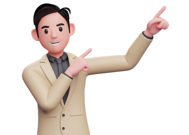 Businessman in formal brown suit raising both hands pointing to the top right corner  3D Icon