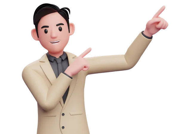 Businessman in formal brown suit raising both hands pointing to the top right corner  3D Illustration