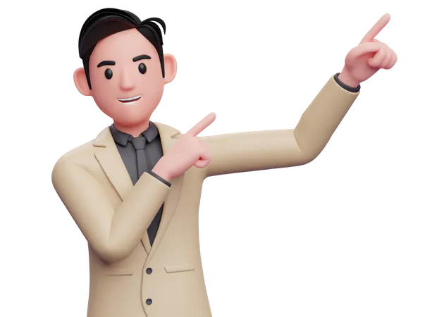 Businessman in formal brown suit raising both hands pointing to the top right corner 3D Illustration