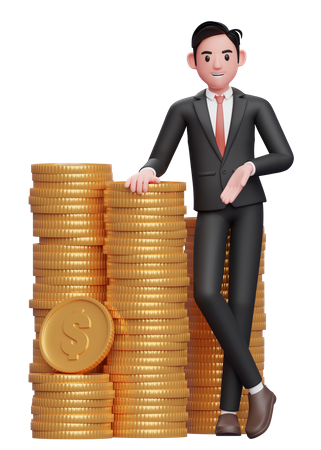 Businessman in formal suit blue tie standing with crossed legs and leaning on pile of coins 3D Illustration