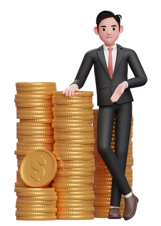 Businessman in formal suit blue tie standing with crossed legs and leaning on pile of coins 3D Illustration