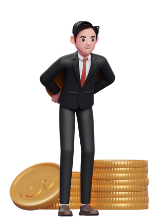 Businessman in formal suit carrying a giant coin on his back  3D Illustration