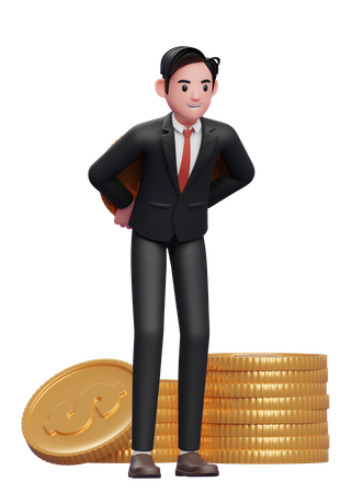 Businessman in formal suit carrying a giant coin on his back 3D Illustration