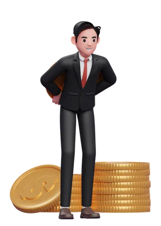 Businessman in formal suit carrying a giant coin on his back  3D Illustration